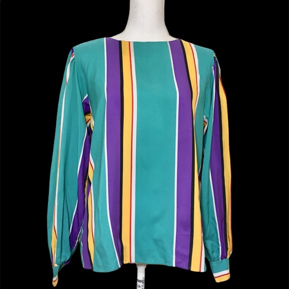 Vintage 90's Turquoise Rainbow Stripe Blouse - Picture 12 of 12